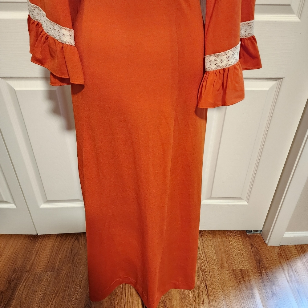 Vintage Rust & Cream Empire Wasit Prairie Lace Ruffle Bell Sleeved Dress - Picture 13 of 16
